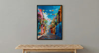 Papel Picado Street Art Print, Festive Mexico Decor - Colorful Flag Cobblestone Summer Vibe