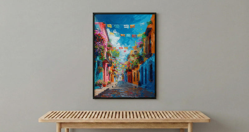 Papel Picado Street Art Print, Festive Mexico Decor - Colorful Flag Cobblestone Summer Vibe