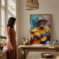 Plaza Guitar Musician Wall Art, Colonial Street Decor - Straw Hat Sun Drenched Summer