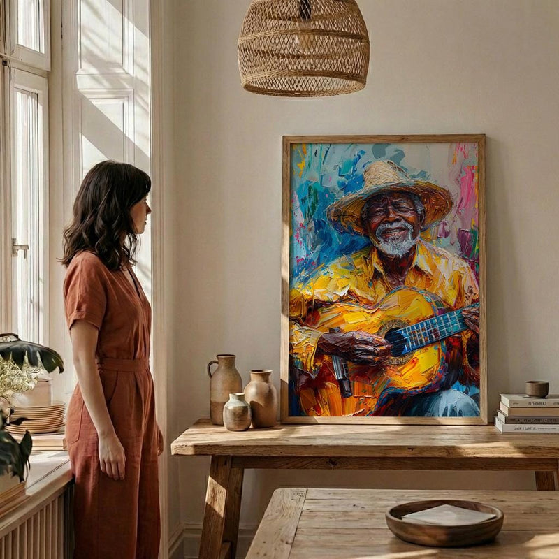 Plaza Guitar Musician Wall Art, Colonial Street Decor - Straw Hat Sun Drenched Summer