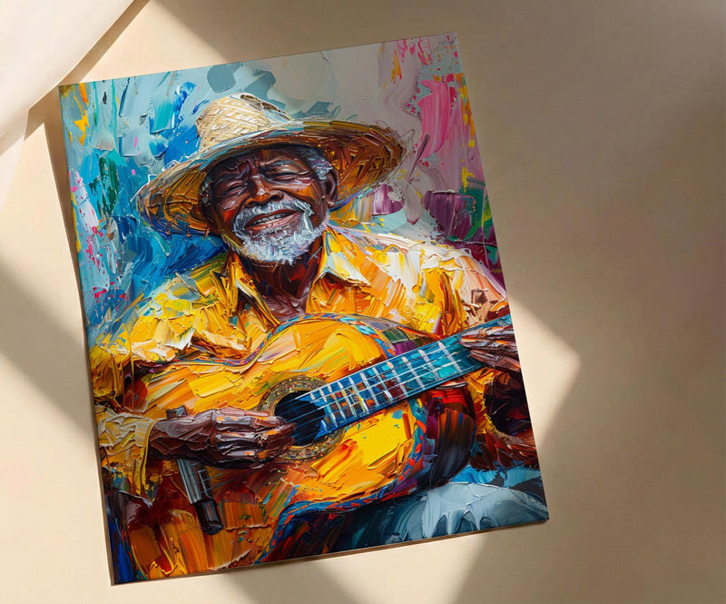 Plaza Guitar Musician Wall Art, Colonial Street Decor - Straw Hat Sun Drenched Summer