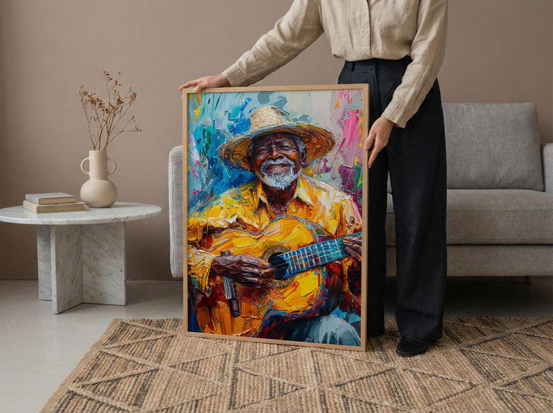 Plaza Guitar Musician Wall Art, Colonial Street Decor - Straw Hat Sun Drenched Summer