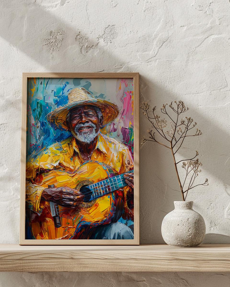 Plaza Guitar Musician Wall Art, Colonial Street Decor - Straw Hat Sun Drenched Summer