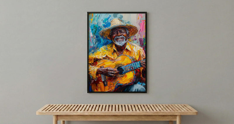 Plaza Guitar Musician Wall Art, Colonial Street Decor - Straw Hat Sun Drenched Summer