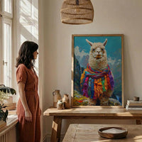 Machu Picchu Llama Poster, Peru Andean Magic Decor - Mystical Green Terrace Summer Morning