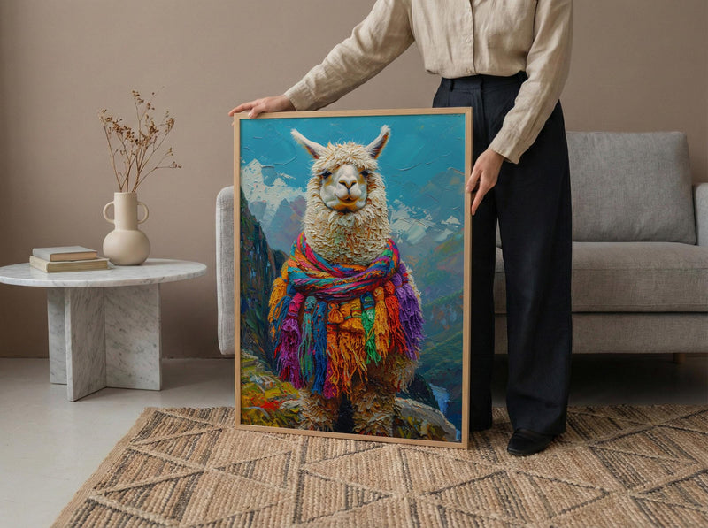 Machu Picchu Llama Poster, Peru Andean Magic Decor - Mystical Green Terrace Summer Morning