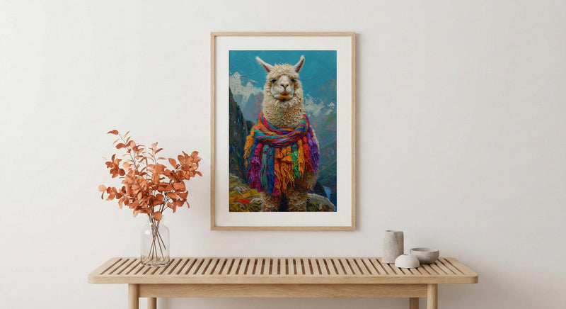 Machu Picchu Llama Poster, Peru Andean Magic Decor - Mystical Green Terrace Summer Morning