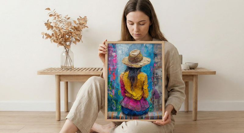 Quechua Weaver Art Print, Traditional Peru Textile Decor - Vibrant Geometric Woven Loom Scene