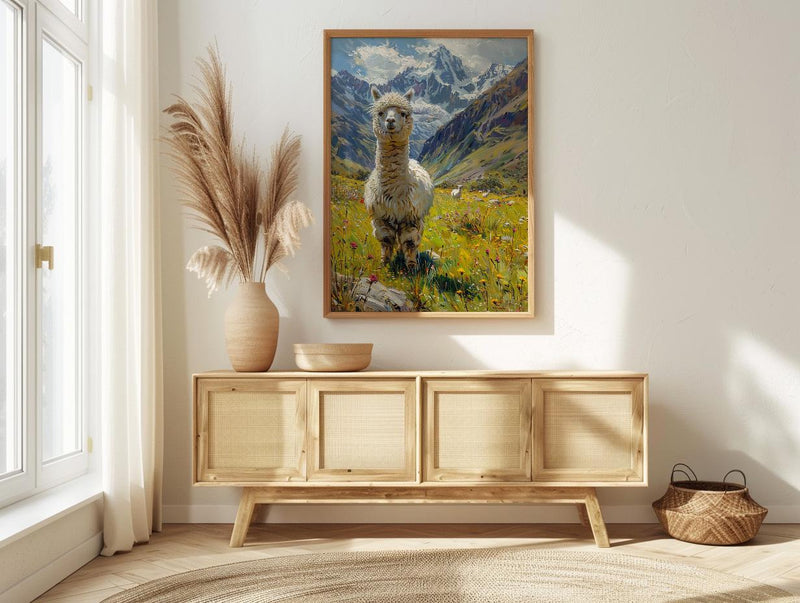 White Alpaca Art Print, Lush Andean Valley Decor - Green Mountain Snow Peak Summer