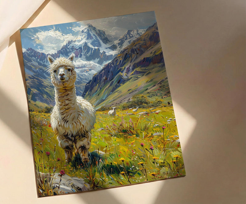 White Alpaca Art Print, Lush Andean Valley Decor - Green Mountain Snow Peak Summer