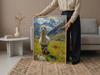 White Alpaca Art Print, Lush Andean Valley Decor - Green Mountain Snow Peak Summer