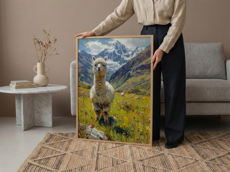 White Alpaca Art Print, Lush Andean Valley Decor - Green Mountain Snow Peak Summer