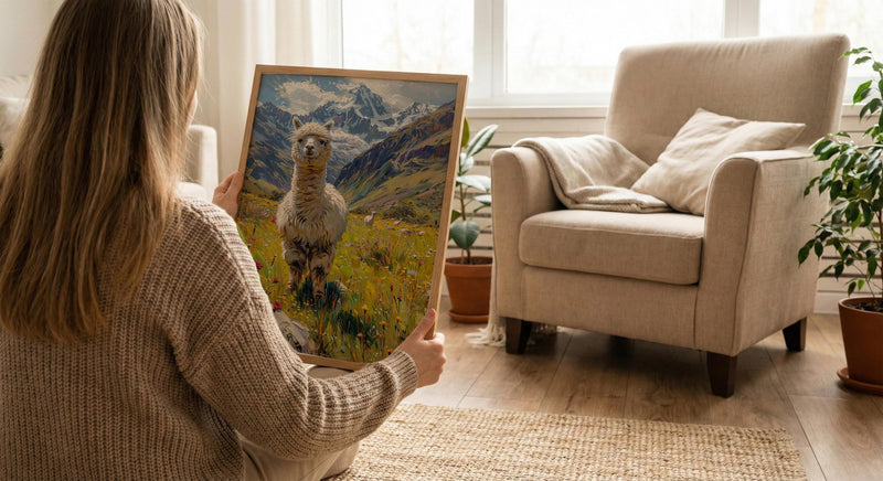 White Alpaca Art Print, Lush Andean Valley Decor - Green Mountain Snow Peak Summer