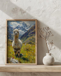 White Alpaca Art Print, Lush Andean Valley Decor - Green Mountain Snow Peak Summer