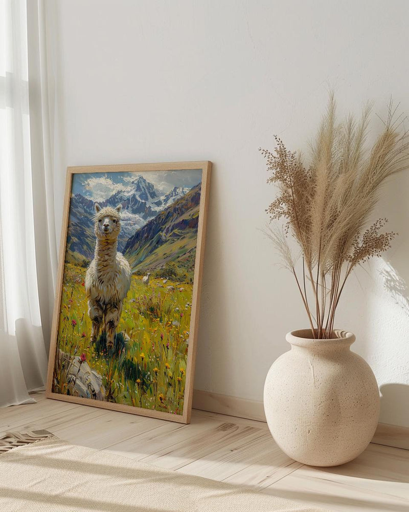 White Alpaca Art Print, Lush Andean Valley Decor - Green Mountain Snow Peak Summer