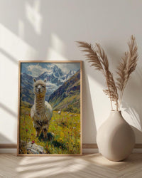 White Alpaca Art Print, Lush Andean Valley Decor - Green Mountain Snow Peak Summer