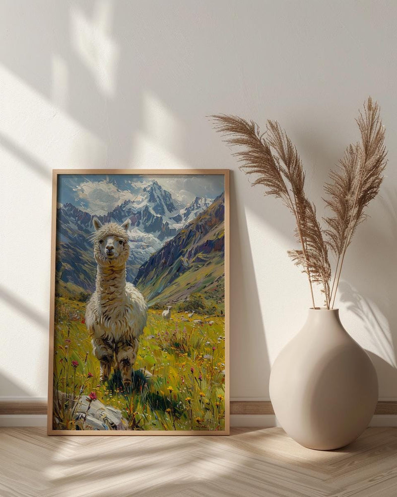 White Alpaca Art Print, Lush Andean Valley Decor - Green Mountain Snow Peak Summer