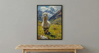White Alpaca Art Print, Lush Andean Valley Decor - Green Mountain Snow Peak Summer