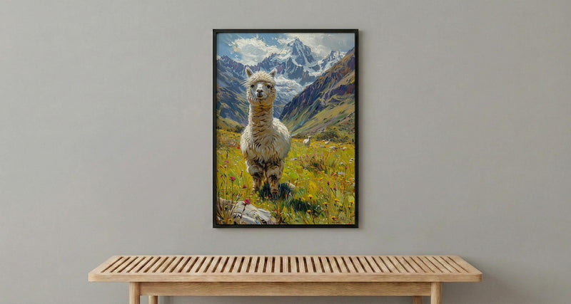 White Alpaca Art Print, Lush Andean Valley Decor - Green Mountain Snow Peak Summer