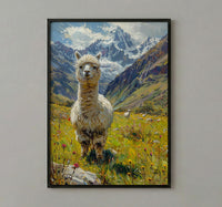 White Alpaca Art Print, Lush Andean Valley Decor - Green Mountain Snow Peak Summer