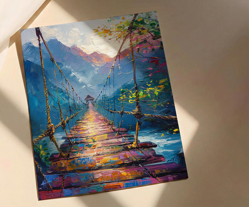 Inca Hanging Bridge Wall Art, Peru Canyon Decor - Woven Grass Rope Summer Sun