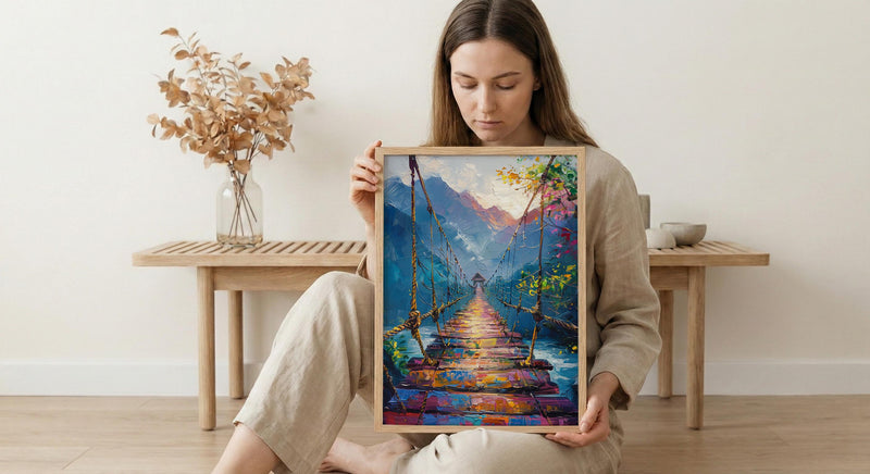 Inca Hanging Bridge Wall Art, Peru Canyon Decor - Woven Grass Rope Summer Sun