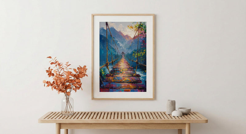 Inca Hanging Bridge Wall Art, Peru Canyon Decor - Woven Grass Rope Summer Sun