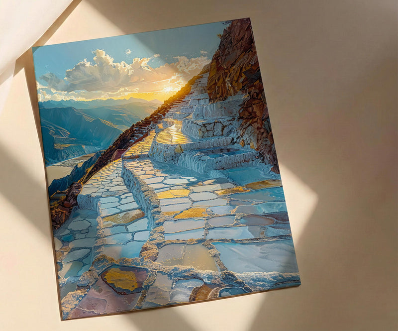 Maras Salt Mine Art Print, Peru Mountain Decor - White Terraced Pond Summer Sun