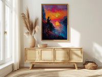 Andean Flute Player Poster, Mountain Sunset Room Decor - Vibrant Orange Purple Sky Silhouette