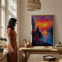 Andean Flute Player Poster, Mountain Sunset Room Decor - Vibrant Orange Purple Sky Silhouette