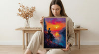 Andean Flute Player Poster, Mountain Sunset Room Decor - Vibrant Orange Purple Sky Silhouette