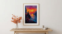 Andean Flute Player Poster, Mountain Sunset Room Decor - Vibrant Orange Purple Sky Silhouette