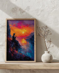 Andean Flute Player Poster, Mountain Sunset Room Decor - Vibrant Orange Purple Sky Silhouette