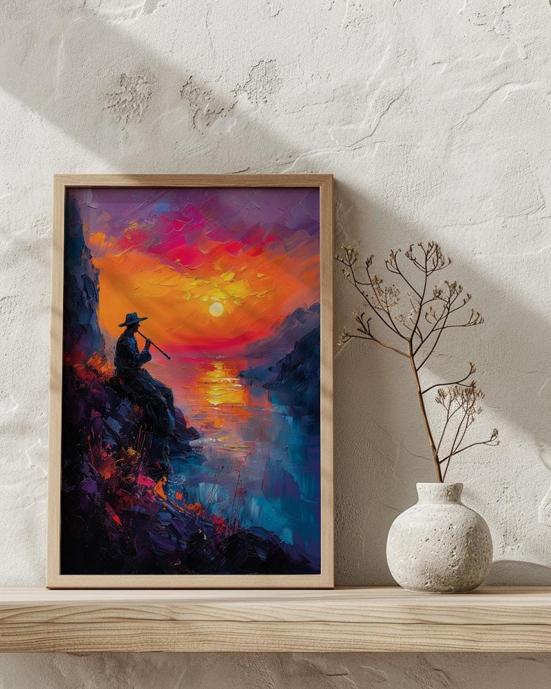 Andean Flute Player Poster, Mountain Sunset Room Decor - Vibrant Orange Purple Sky Silhouette