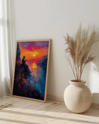 Andean Flute Player Poster, Mountain Sunset Room Decor - Vibrant Orange Purple Sky Silhouette