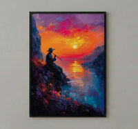 Andean Flute Player Poster, Mountain Sunset Room Decor - Vibrant Orange Purple Sky Silhouette