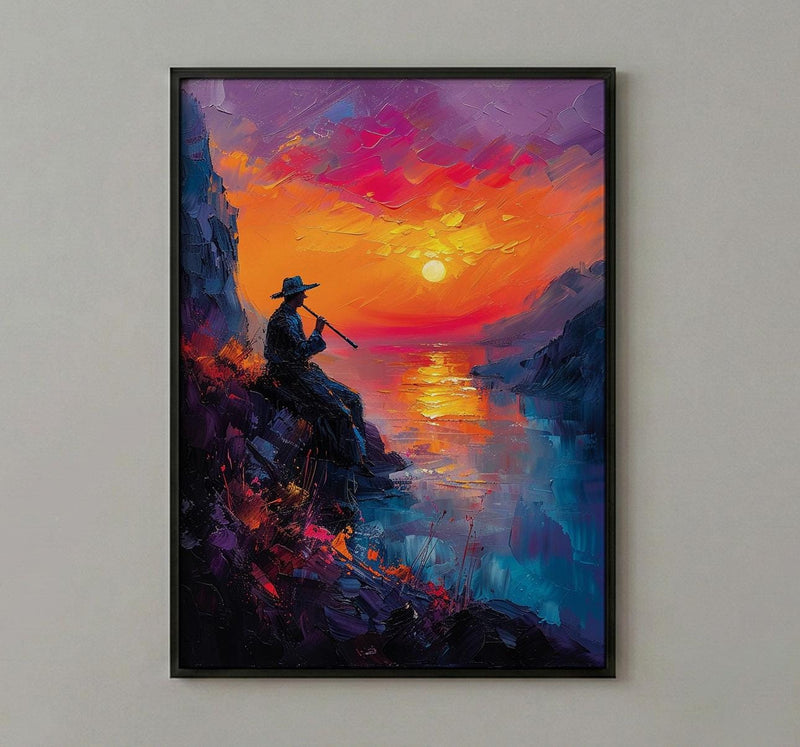 Andean Flute Player Poster, Mountain Sunset Room Decor - Vibrant Orange Purple Sky Silhouette