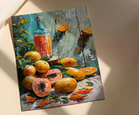 Fresh Papaya Mango Art Print, Tropical Fruit Decor - Rustic Wooden Table Summer Sunshine