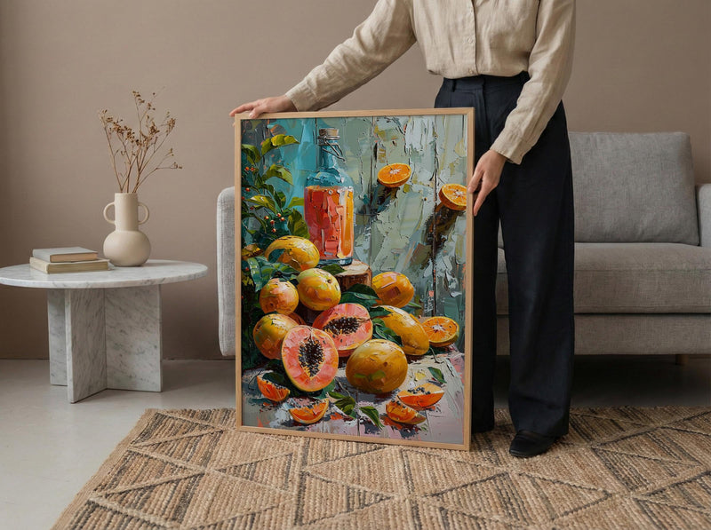 Fresh Papaya Mango Art Print, Tropical Fruit Decor - Rustic Wooden Table Summer Sunshine