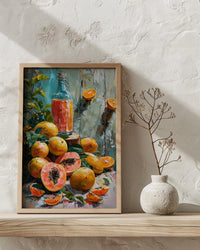 Fresh Papaya Mango Art Print, Tropical Fruit Decor - Rustic Wooden Table Summer Sunshine