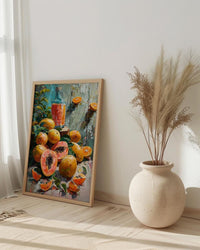 Fresh Papaya Mango Art Print, Tropical Fruit Decor - Rustic Wooden Table Summer Sunshine