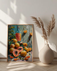 Fresh Papaya Mango Art Print, Tropical Fruit Decor - Rustic Wooden Table Summer Sunshine