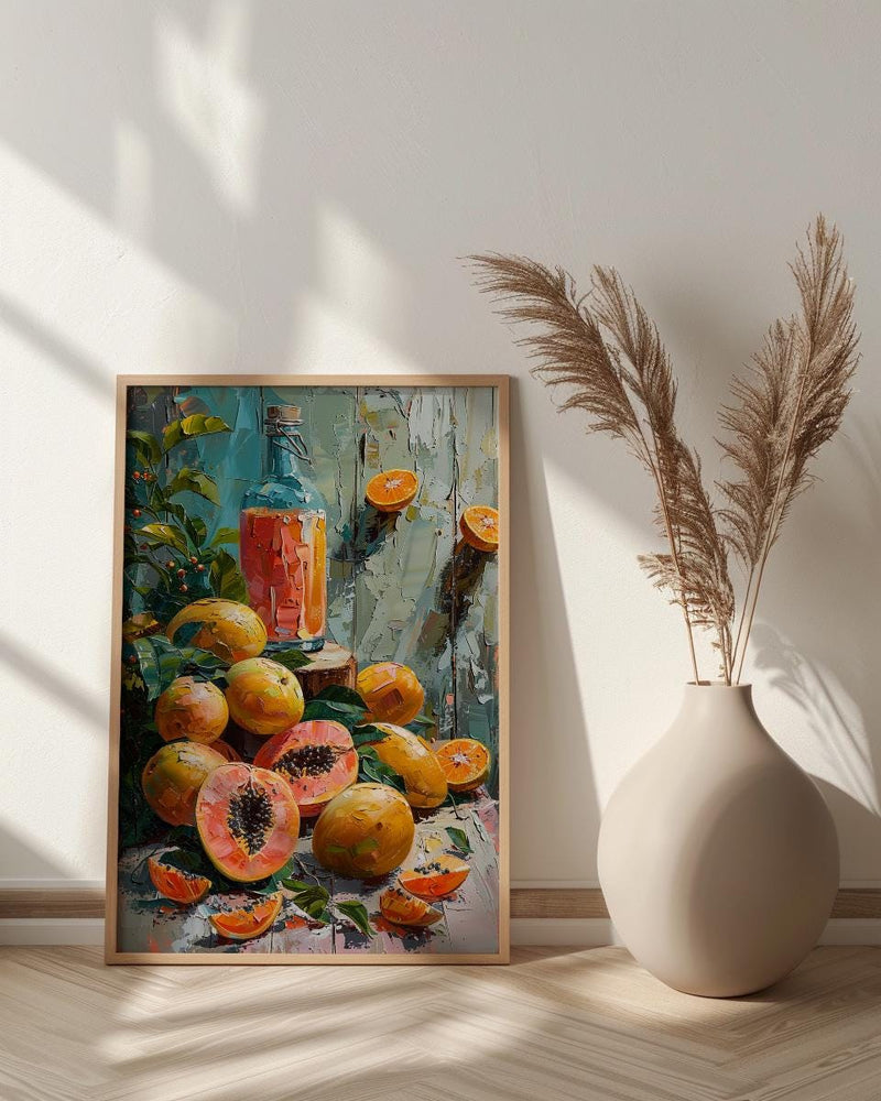 Fresh Papaya Mango Art Print, Tropical Fruit Decor - Rustic Wooden Table Summer Sunshine