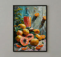 Fresh Papaya Mango Art Print, Tropical Fruit Decor - Rustic Wooden Table Summer Sunshine