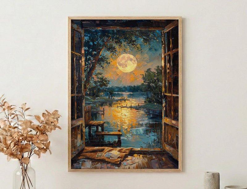 Full Moon Window Wall Art, Tarot Card Decor - Celestial Night Landscape
