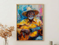 Plaza Guitar Musician Wall Art, Colonial Street Decor - Straw Hat Sun Drenched Summer