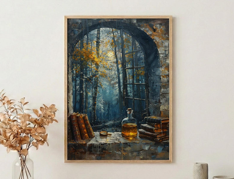 Witchy Window Art Print, Gothic Forest Decor - Potion Bottle Landscape