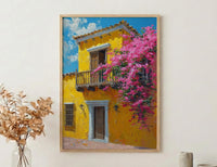 Cartagena Yellow Facade Wall Art, Colombia City Decor - Pink Bougainvillea Balcony Summer View