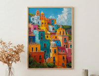 Guanajuato Colorful Hill Wall Art, Mexico City Decor - Bright Summer Sunshine Panoramic View