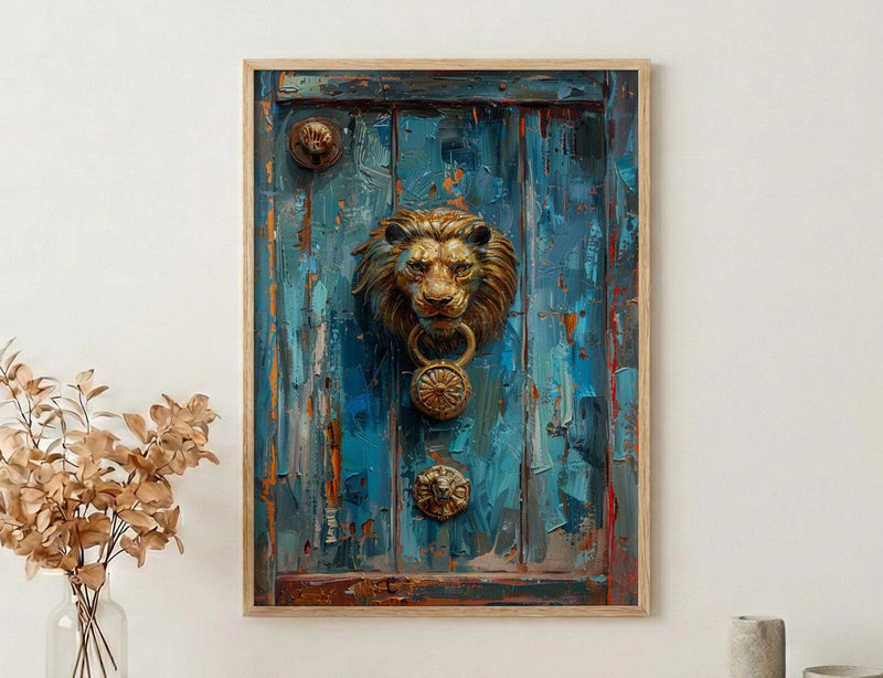 Antique Wooden Door Wall Art, Colonial Street Decor - Brass Lion Knocker Summer Shadow
